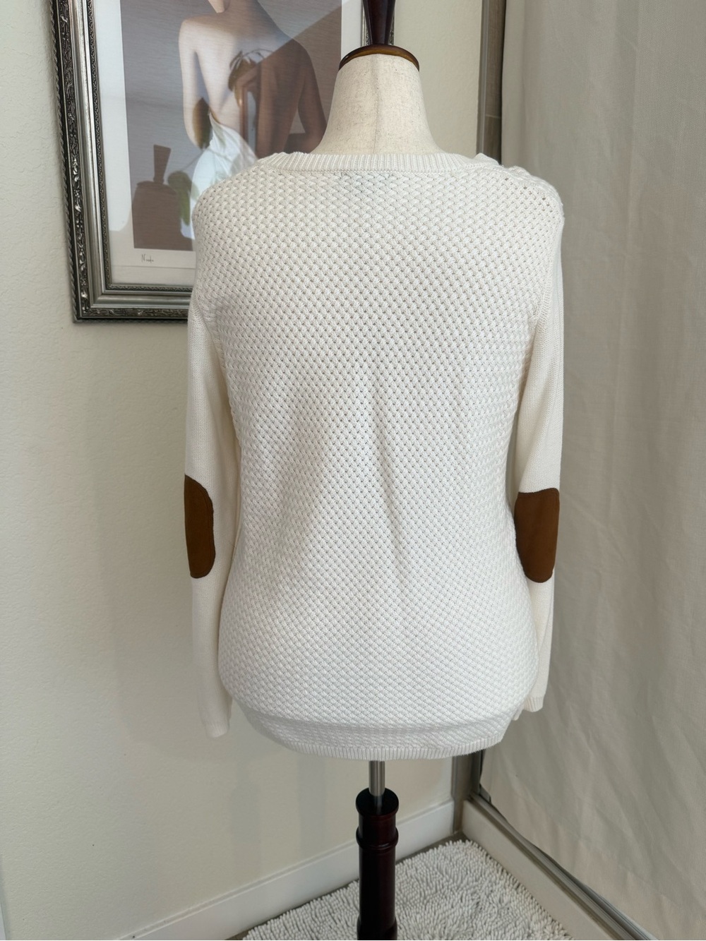 Cream Crewneck Sweater with Brown Elbow Patches